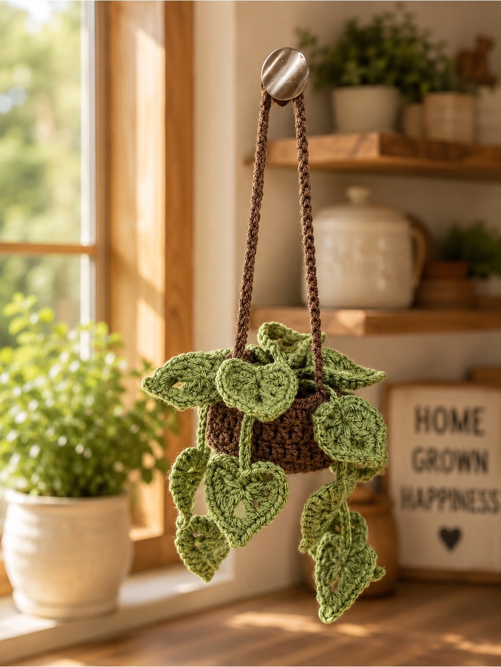Handmade Crocheted Hanging Plant with Green Heart Leaves
